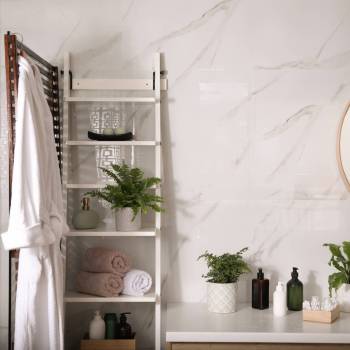 Beautiful green ferns and toiletries in bathroom